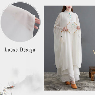 Buddha Gift 2Pcs Frog-Button Long Sleeve Midi Dress Wide Leg Pants Chiffon Zen Women's Set