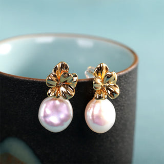 Buddha Gift 925 Sterling Silver Natural Baroque Pearl Flower Healing Drop Earrings