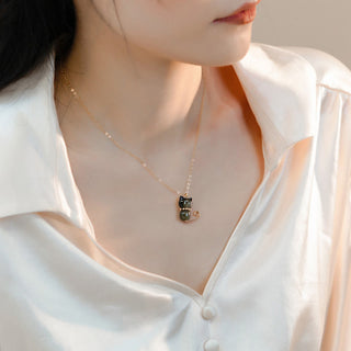 Buddha Gift 14K Gold Plated Pearl Hetian Jade Shell Luck Cat Kitten Necklace Pendant