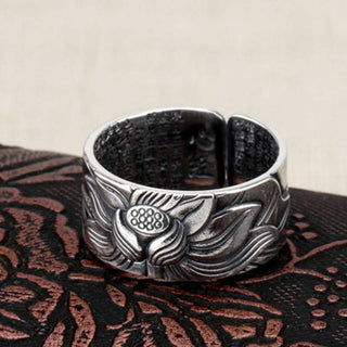 Buddha Gift 999 Sterling Silver Lotus Symbol Heart Sutra Protection Ring