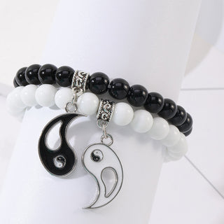 Buddha Gift 2Pcs Black Onyx White Turquoise Bead Yin Yang Protection Couple Bracelet