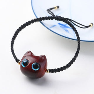 Buddha Gift Small Leaf Red Sandalwood Ebony Wood Cute Cat Head Calm Protection Braided Bracelet