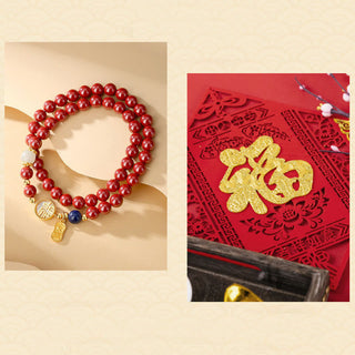 Buddha Gift 925 Sterling Silver Cinnabar Tridacna Stone Fu Character Double Wrap Blessing Bracelet