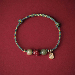 Buddha Gift 14K Gold Plated Hetian Jade Cinnabar Lotus Luck Handcrafted Rope Bracelet