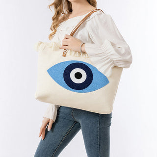 Buddha Gift Large Capacity Evil Eye Leaf Hamsa Tassel Canvas Tote Shoulder Bag