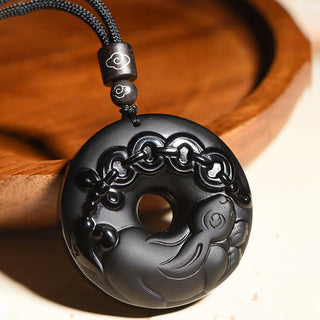 Buddha Gift Chinese Zodiac Natural Black Obsidian Peace Buckle Strength Necklace Pendant