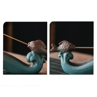 Buddha Gift Double Koi Fish Mountain Healing Ceramic Stick Incense Burner Decoration