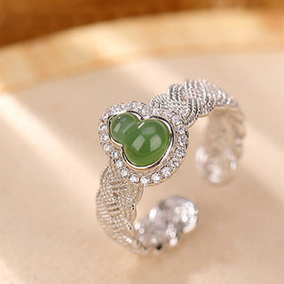 Buddha Gift 925 Sterling Silver Plated Gold Natural Hetian Cyan Jade Gourd Luck Bracelet Ring Set