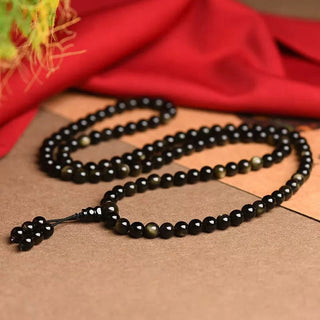 Buddha Gift 108 Mala Beads Natural Gold Sheen Obsidian Wealth Bracelet