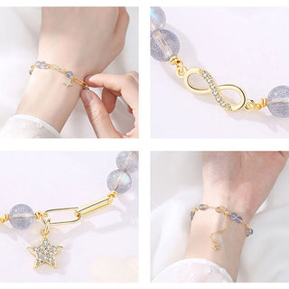 Buddha Gift 14K Gold Plated Natural Strawberry Quartz Moonstone Möbius Loop Eternal Love Star Positive Bracelet