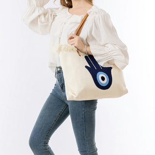 Buddha Gift Large Capacity Evil Eye Leaf Hamsa Tassel Canvas Tote Shoulder Bag