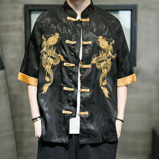 Buddha Gift Frog-Button Chinese Dragon Embroidery Half Sleeve Shirt Linen Men Clothing