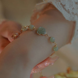 Buddha Gift 14K Gold Plated Hetian Jade Rose Flower Luck Chain Bracelet