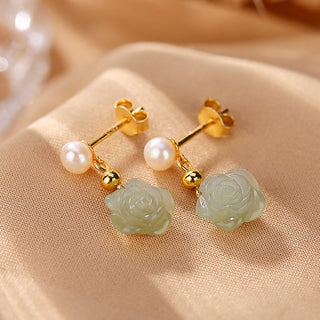 Buddha Gift 925 Sterling Silver Plated Gold Jade Rose Flower Cyan Jade Pearl Luck Earrings