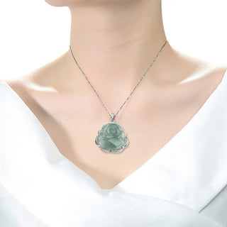 Buddha Gift 925 Sterling Silver Laughing Buddha Natural Jade Luck Necklace Chain Pendant