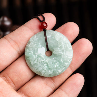 Buddha Gift Round Jade Peace Buckle Peony Flower Abundance Necklace Pendant
