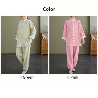 Buddha Gift 2Pcs Vintage Long Sleeve Shirt Top Pants Meditation Zen Tai Chi Cotton Linen Clothing Women's Set