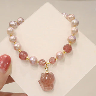 Buddha Gift Natural Pearl Strawberry Quartz Cute Fox Love Healing Charm Bracelet