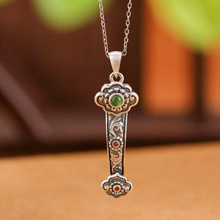 Buddha Gift 925 Sterling Silver Red Agate Cyan Jade Auspicious Clouds Ruyi Handle Blessing Necklace Pendant