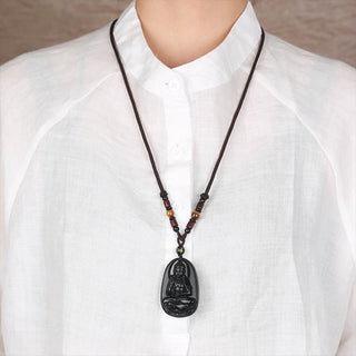 Buddha Gift Chinese Zodiac Natal Buddha Natural Black Obsidian Purification Necklace Pendant