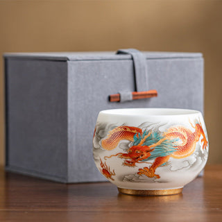 Buddha Gift Dragon Phoenix Auspicious Clouds Ceramic Teacup Kung Fu Tea Cup With Gift Box