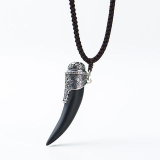 Buddha Gift 925 Sterling Silver Black Obsidian Wolf Tooth Pattern Strength Necklace Pendant