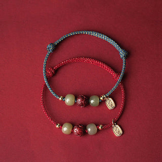 Buddha Gift 14K Gold Plated Hetian Jade Cinnabar Lotus Luck Handcrafted Rope Bracelet