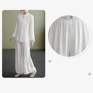Buddha Gift 2Pcs Tang Suit Long Sleeve Shirt Top Pants Meditation Zen Tai Chi Cotton Linen Clothing Women's Set