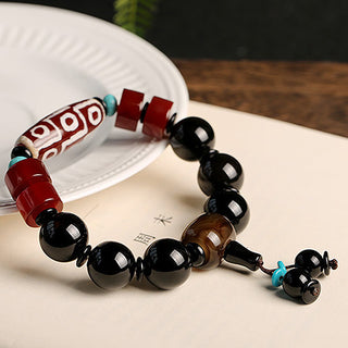 Buddha Gift Tibetan Nine-Eye Dzi Bead Black Onyx Wealth Protection Bracelet