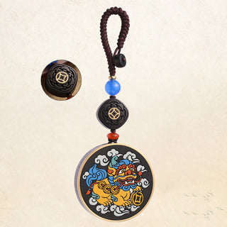 Buddha Gift PiXiu Copper Coin Ebony Wood Luck Attract Wealth Key Chain Decoration