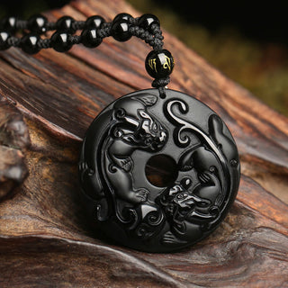 Buddha Gift Natural Black Obsidian Peace Buckle Pixiu Bead Rope Strength Necklace Pendant
