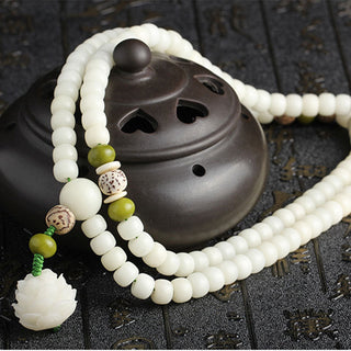Buddha Gift White Jade Bodhi Lotus Mala Harmony Necklace Bracelet