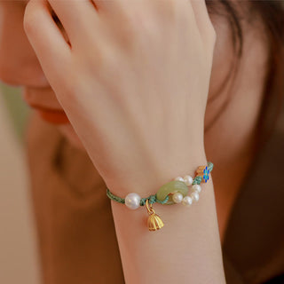 Buddha Gift Natural Hetian Jade Peace Buckle Pearl Luck Handcrafted Braided Bracelet