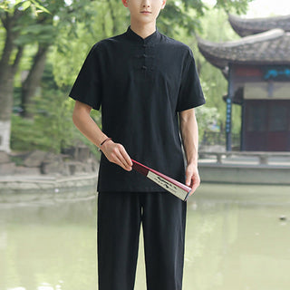 Buddha Gift 2Pcs Men's Short Sleeve Shirt Top T-Shirt Pants Meditation Zen Tai Chi Cotton Linen Clothing Set