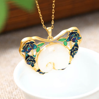 Buddha Gift White Jade Elephant Butterfly Lotus Success Necklace Chain Pendant