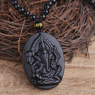 Buddha Gift Tibetan Obsidian Ganesh Ganpati Elephant Wealth Amulet Necklace