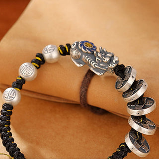 Buddha Gift 999 Sterling Silver FengShui PiXiu Copper Coin Fu Character Wealth Braided Bracelet