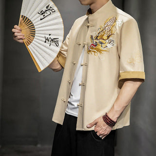 Buddha Gift Frog-Button Chinese Dragon Auspicious Cloud Embroidery Half Sleeve Shirt Cotton Linen Men Clothing