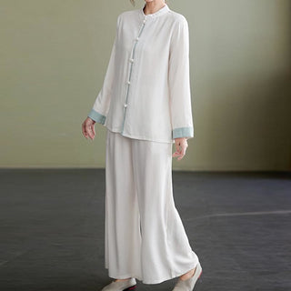 Buddha Gift 2Pcs Tang Suit Long Sleeve Shirt Top Pants Meditation Zen Tai Chi Cotton Linen Clothing Women's Set