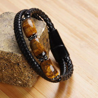 Buddha Gift Natural Tiger Eye Protection Willpower Magnetic Buckle Leather Bracelet