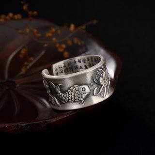 Buddha Gift 999 Sterling Silver Luck Koi Fish Lotus Heart Sutra Wealth Ring