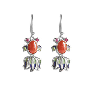 Buddha Gift 925 Sterling Silver Hetian White Jade Red Agate Cute Fish Happiness Drop Earrings