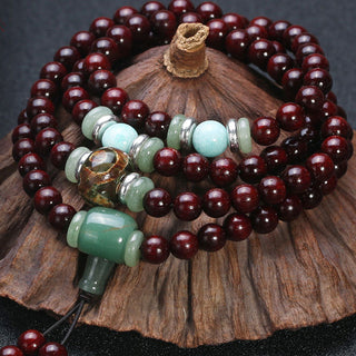 Buddha Gift 108 Beads Small Leaf Red Sandalwood Green Aventurine Amazonite Luck Healing Bracelet Mala