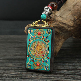 Buddha Gift Tibet God Of Wealth Money Tree Golden Phoenix Thangka Ebony Peace Necklace Pendant