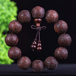 Buddha Gift Chinese Zodiac Rosewood Ebony Copper Coin PiXiu Carved Warmth Bracelet
