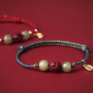 Buddha Gift 14K Gold Plated Hetian Jade Cinnabar Lotus Luck Handcrafted Rope Bracelet