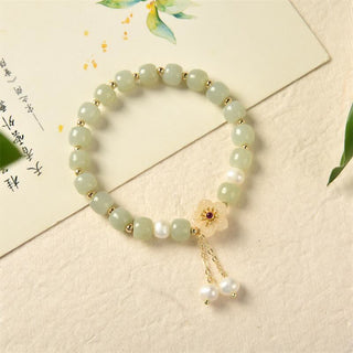 Buddha Gift Hetian Jade Flower Pearl Happiness Abundance Bracelet