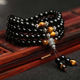 Buddha Gift Black Obsidian Tiger Eye Blessing Mala Bracelet