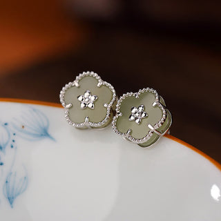 Buddha Gift 925 Sterling Silver Hetian Jade Plum Flower Luck Stud Earrings