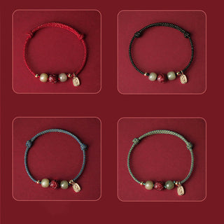 Buddha Gift 14K Gold Plated Hetian Jade Cinnabar Lotus Luck Handcrafted Rope Bracelet